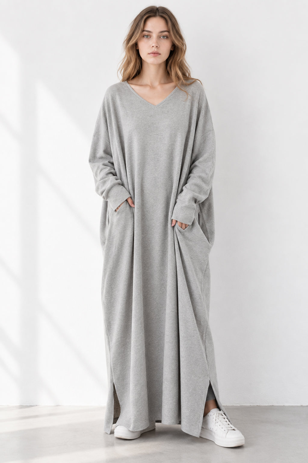 Slit Hem V Neck Sweatshirt Dress