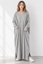 Slit Hem V Neck Sweatshirt Dress