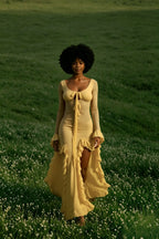 Ruffled Slit V-neck Maxi Dress