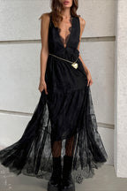 Plunge Neck Layered Lace Maxi Dress