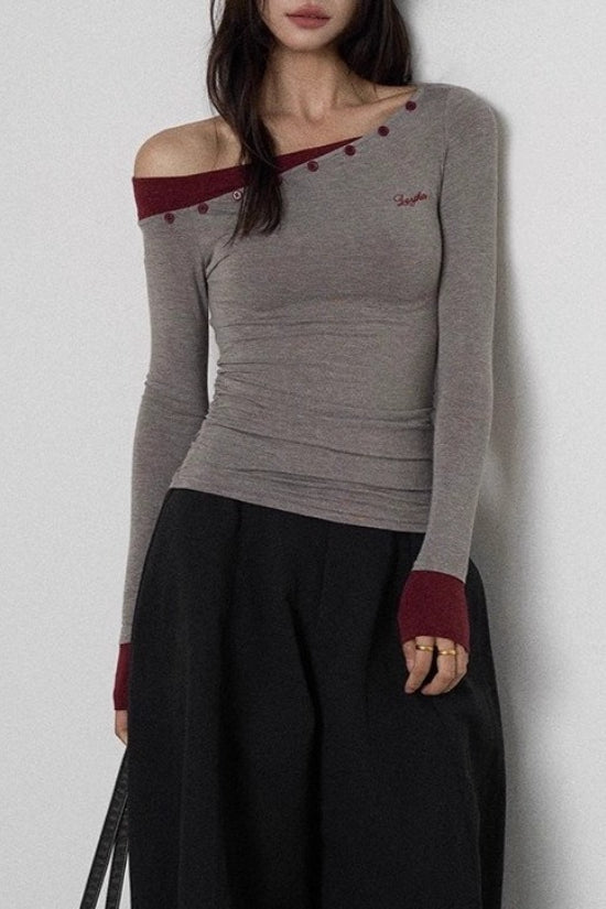 Color Block One Shoulder Knit Top Main image