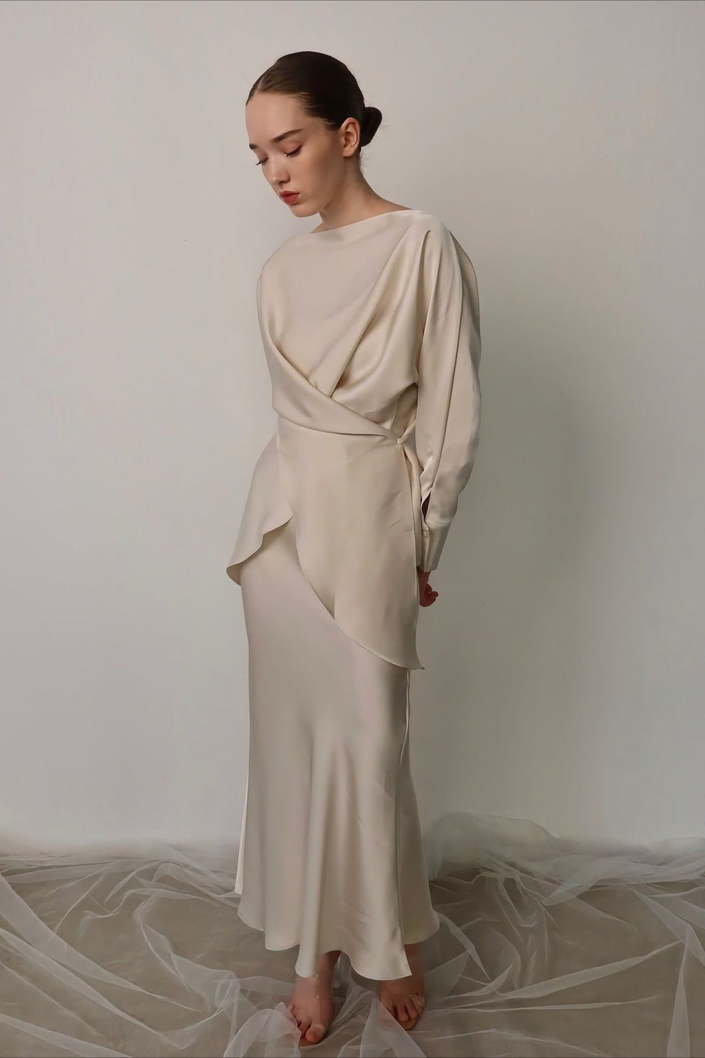 Solid Satin Cinched Waist Skirt Set