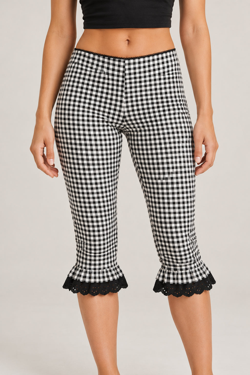 Plaid Lace Ruffle Cropped Skinny Pants