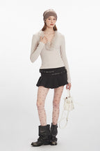 Faux Fur Trim V-Neck Knit Top