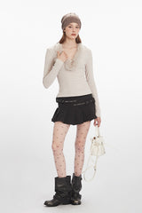 Faux Fur Trim V-Neck Knit Top