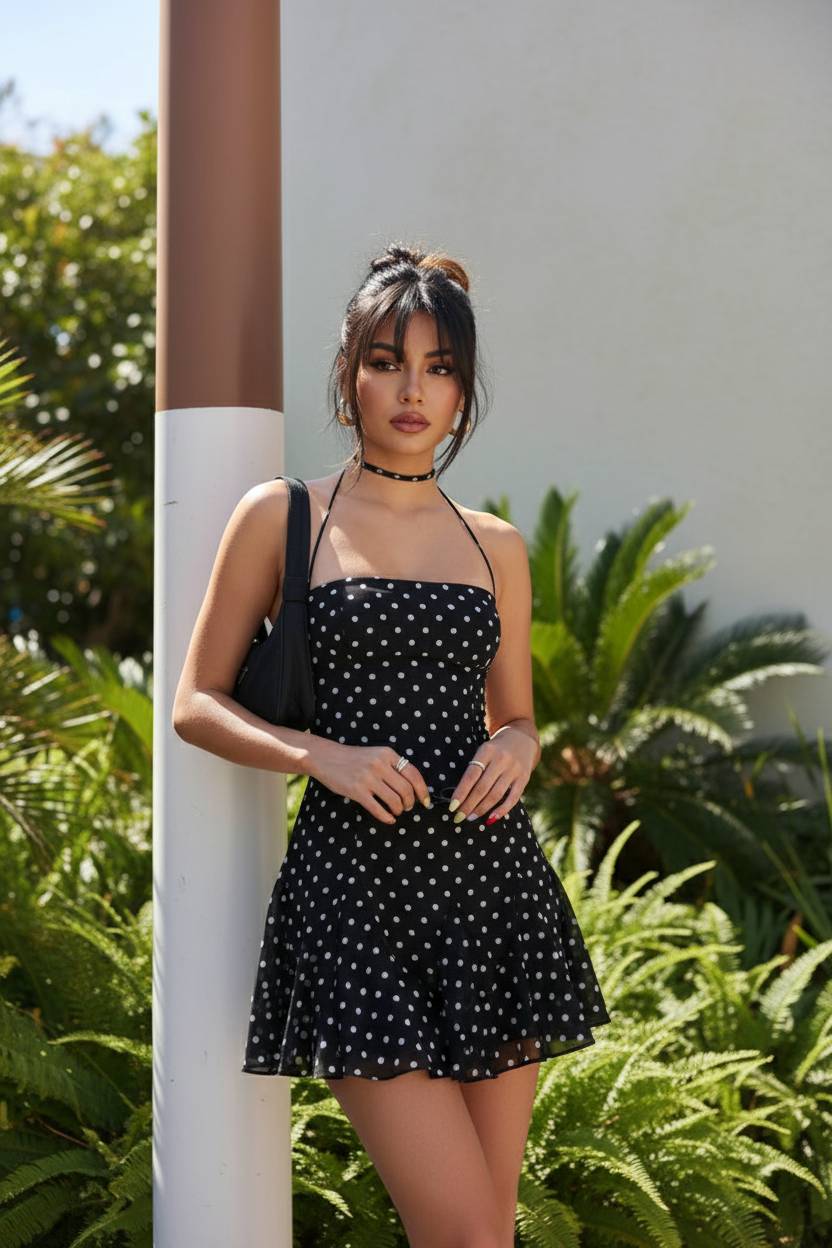 Polka Dot Halter Neck Backless Bodycon Mini Dress Main image