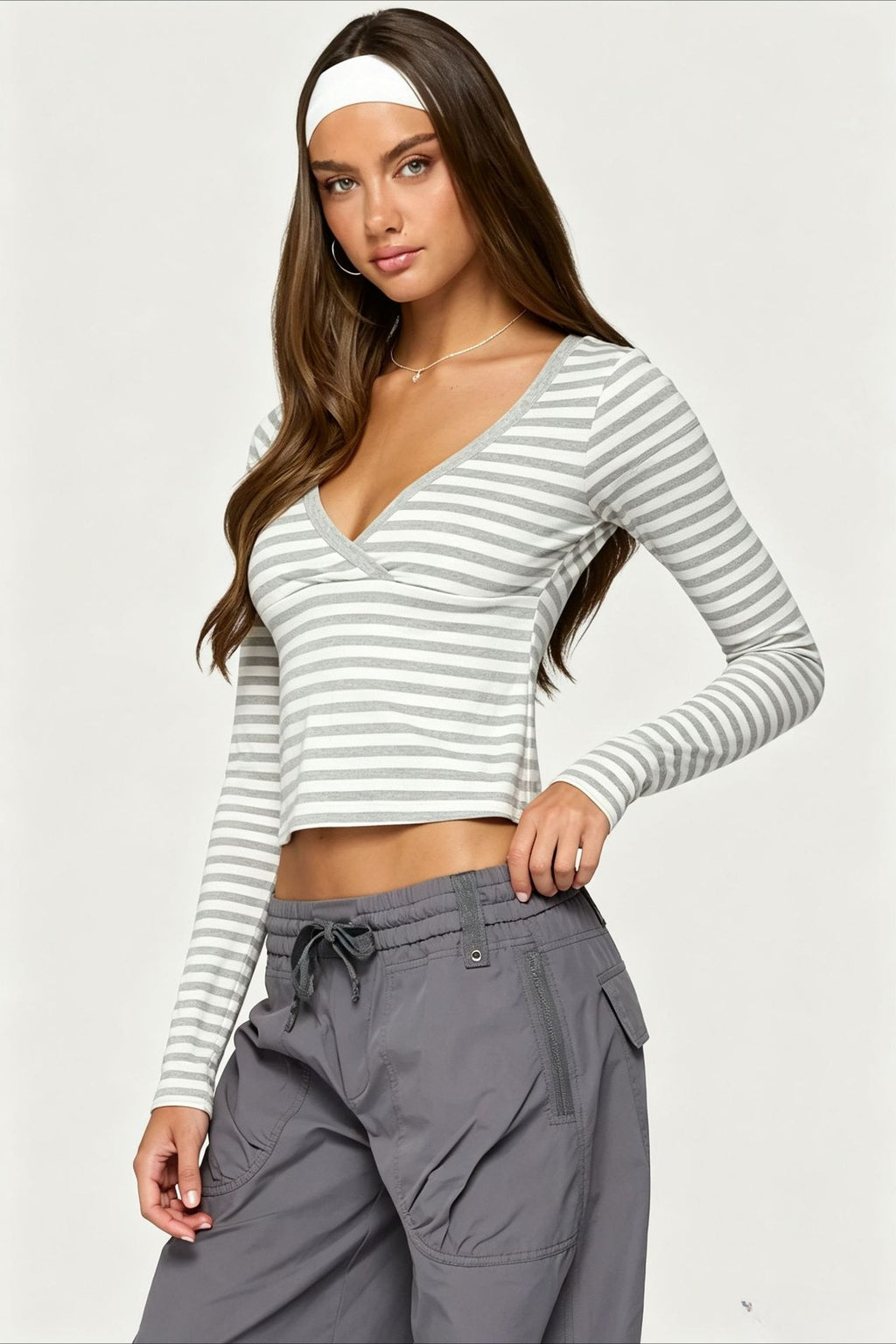 Striped Deep V Neck Fitted Long Sleeve T-Shirt