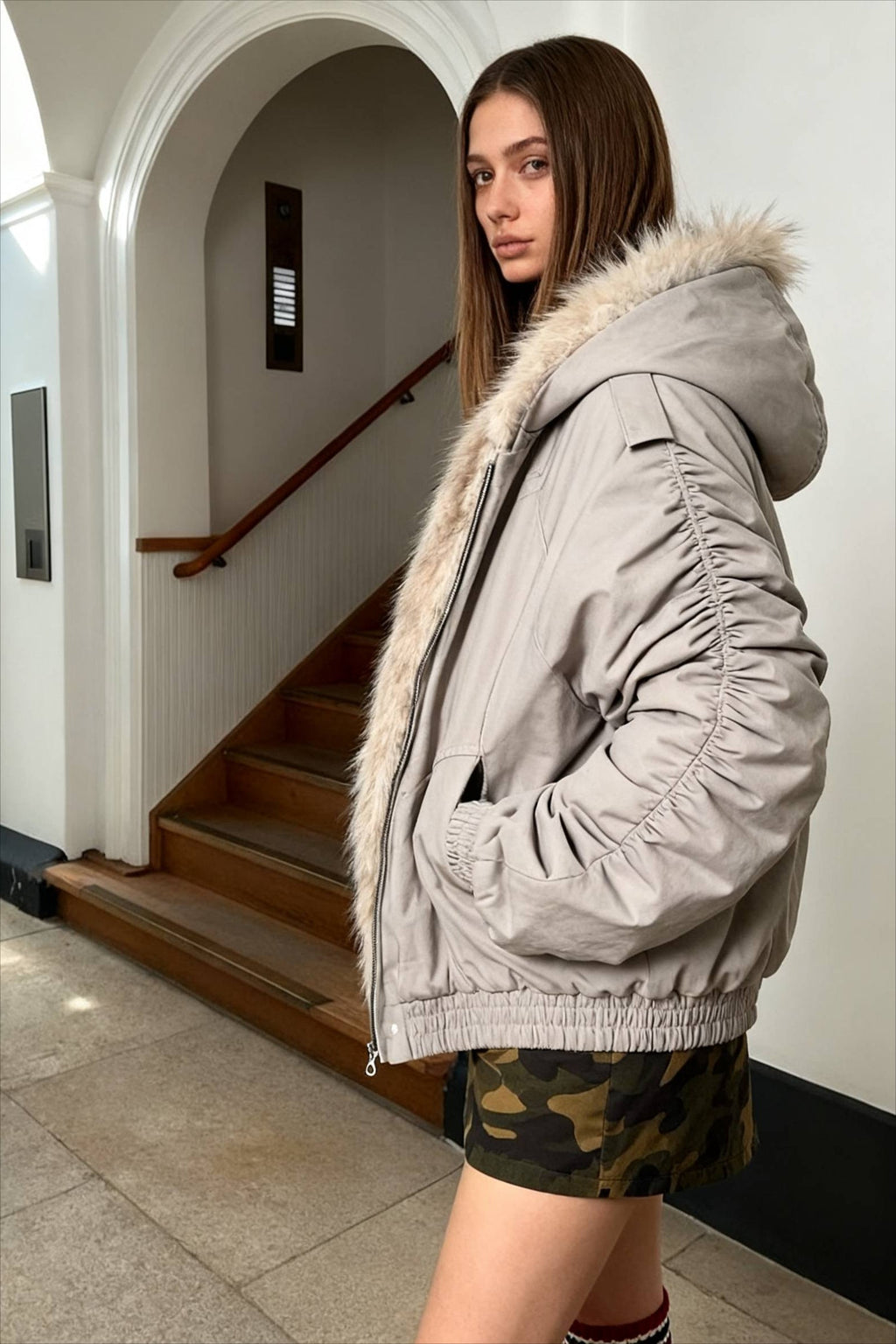 Fur-Lined Oversized Bomber Jacket