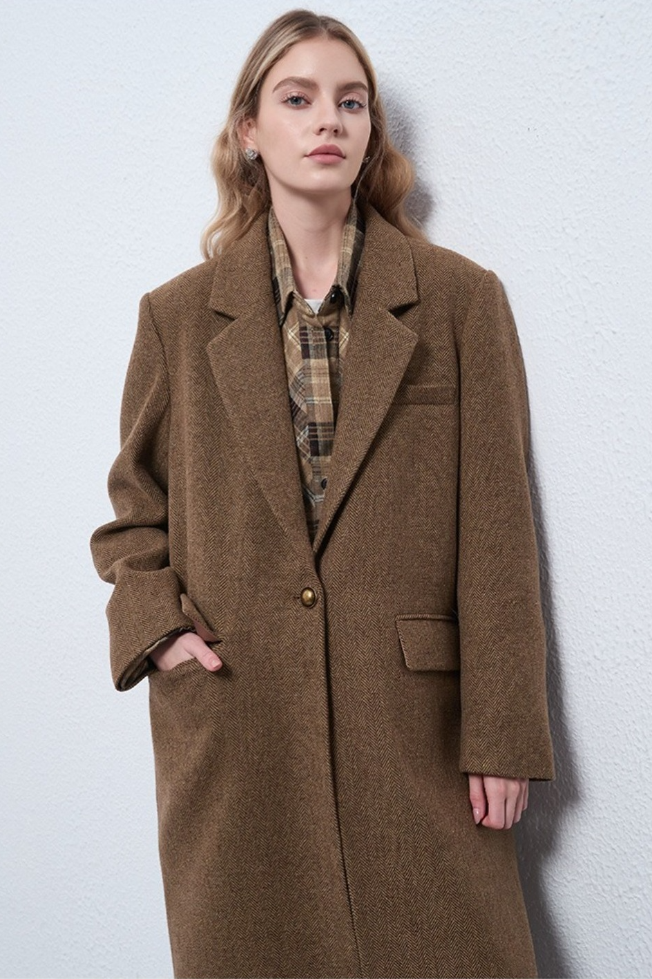 Wool Cashmere Herringbone Mid Long Thick Overcoat Secondary image