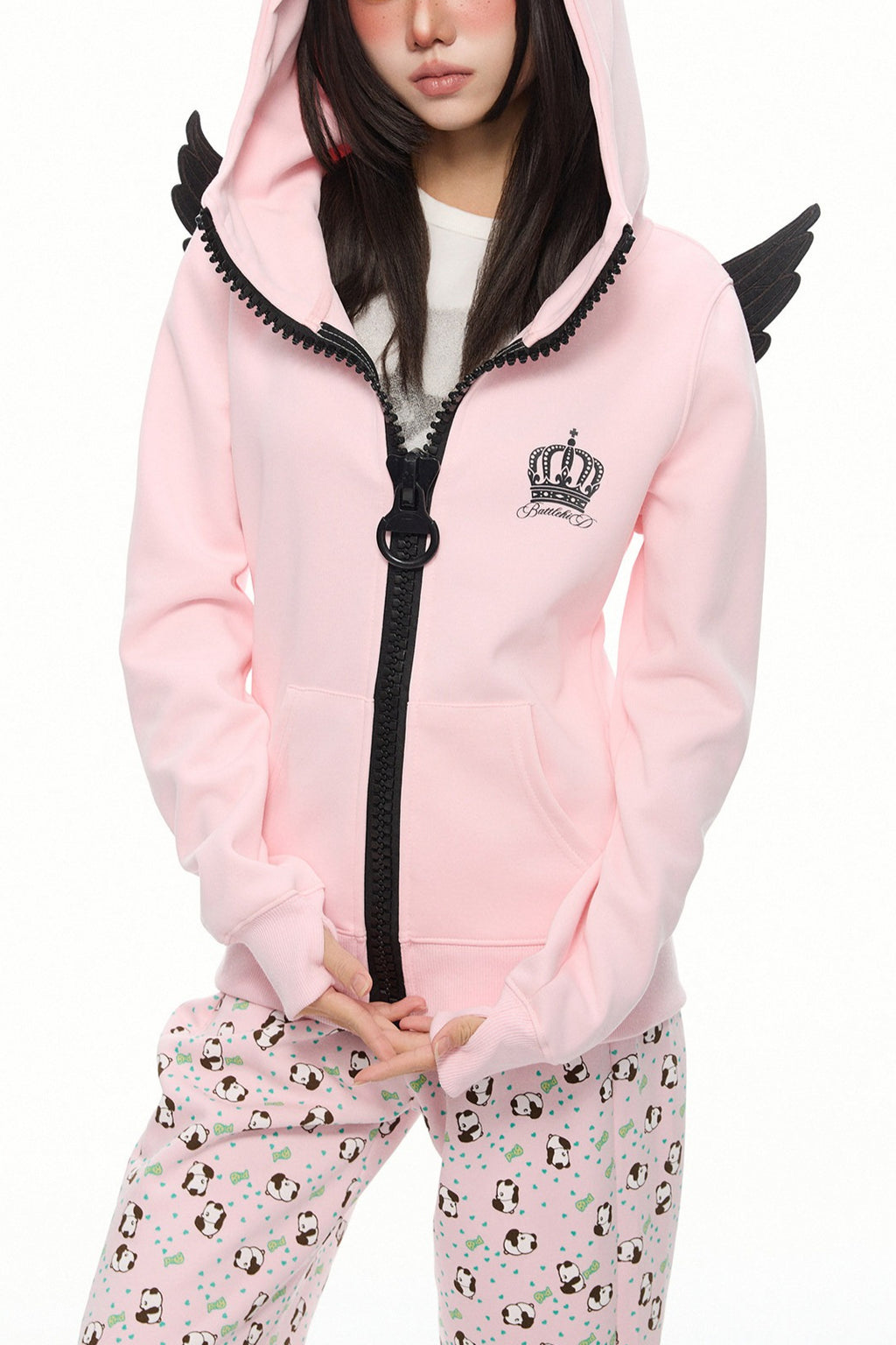 Angel Wing Contrast Zip Up Hoodie