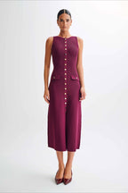 Buttoned Crewneck Sleeveless Knit Bodycon Maxi Sweater Dress