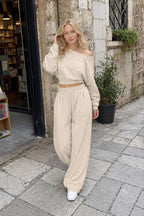 Casual Ribbed Off Shoulder Crop Sweatshirt Pants Set