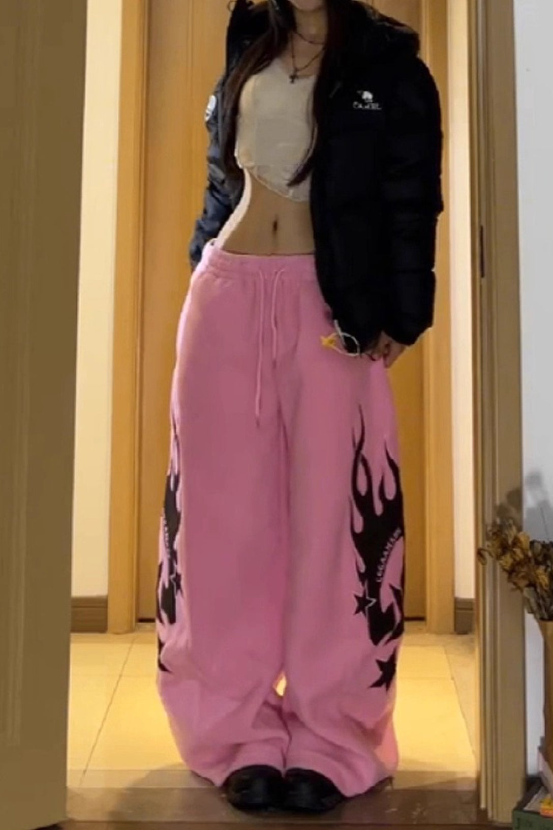 Flame Print Sherpa Drawstring Curved Leg Pants Main image