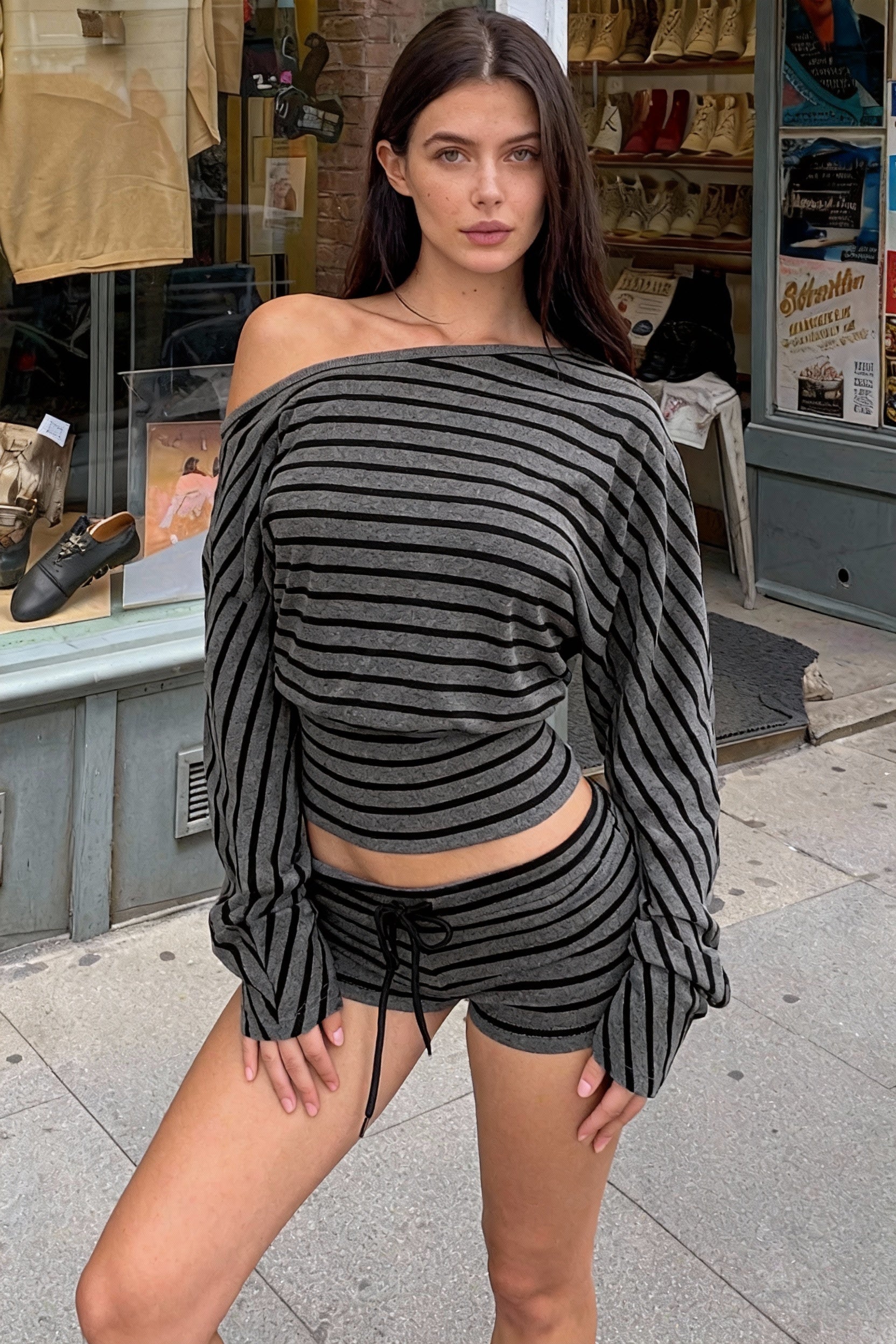 Printed Striped Loose Asymmetric Shoulder Blouse Main image