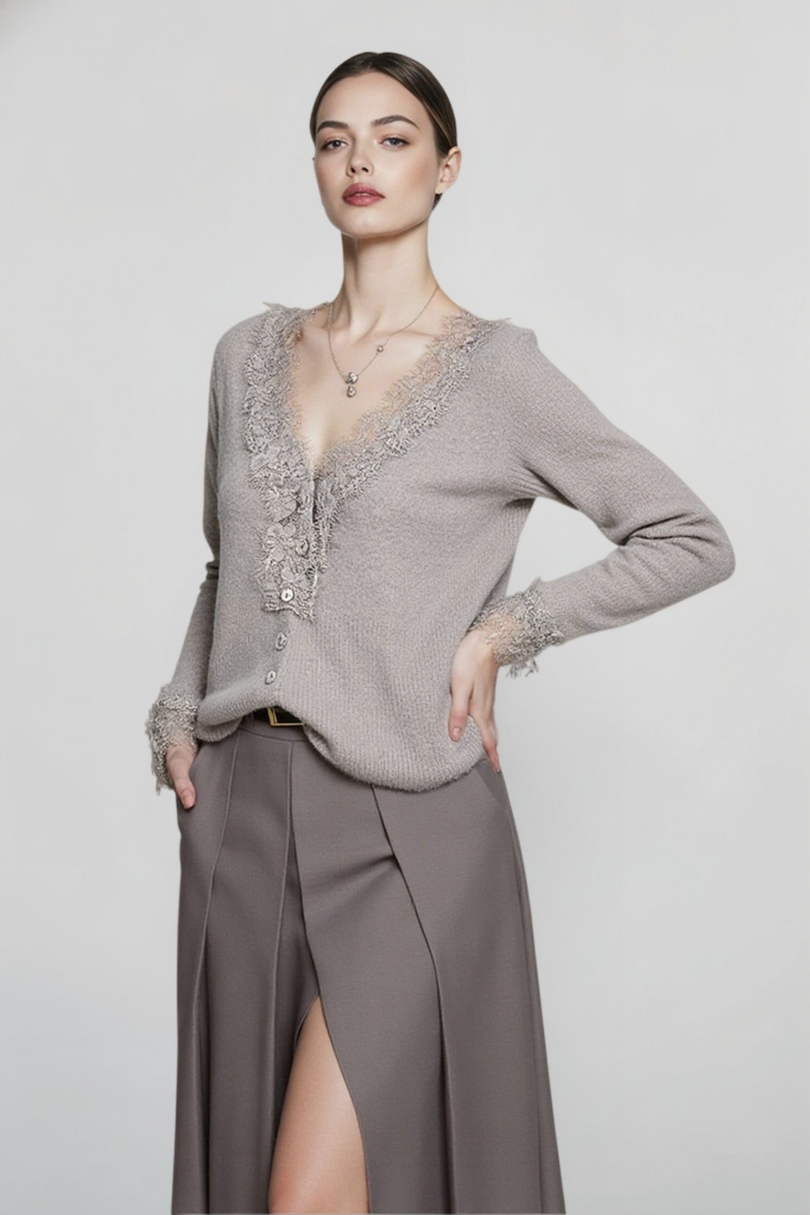 Lace Trim V Neck Cashmere Cardigan Secondary image
