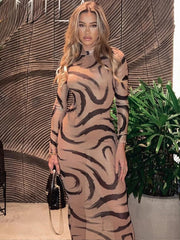 Mesh Long Sleeve See Through Midi Dress