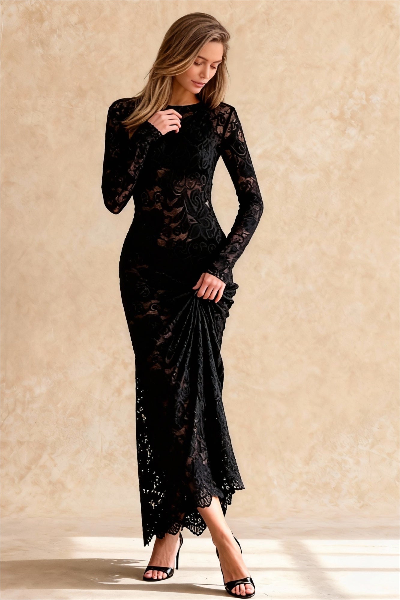 Jacquard Sheer Lace Long Sleeve Mermaid Maxi Dress Secondary image
