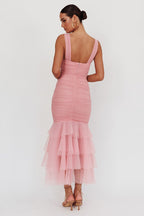 Mesh Insert  Spaghetti Strap Ruched Prom Dress