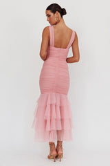 Mesh Insert  Spaghetti Strap Ruched Prom Dress