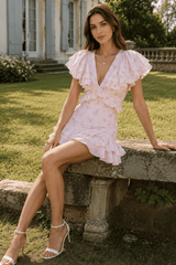 Ruffled V Neck Long Fitted Floral Dress