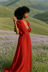 V Neck Ruffled High Waist Dress
