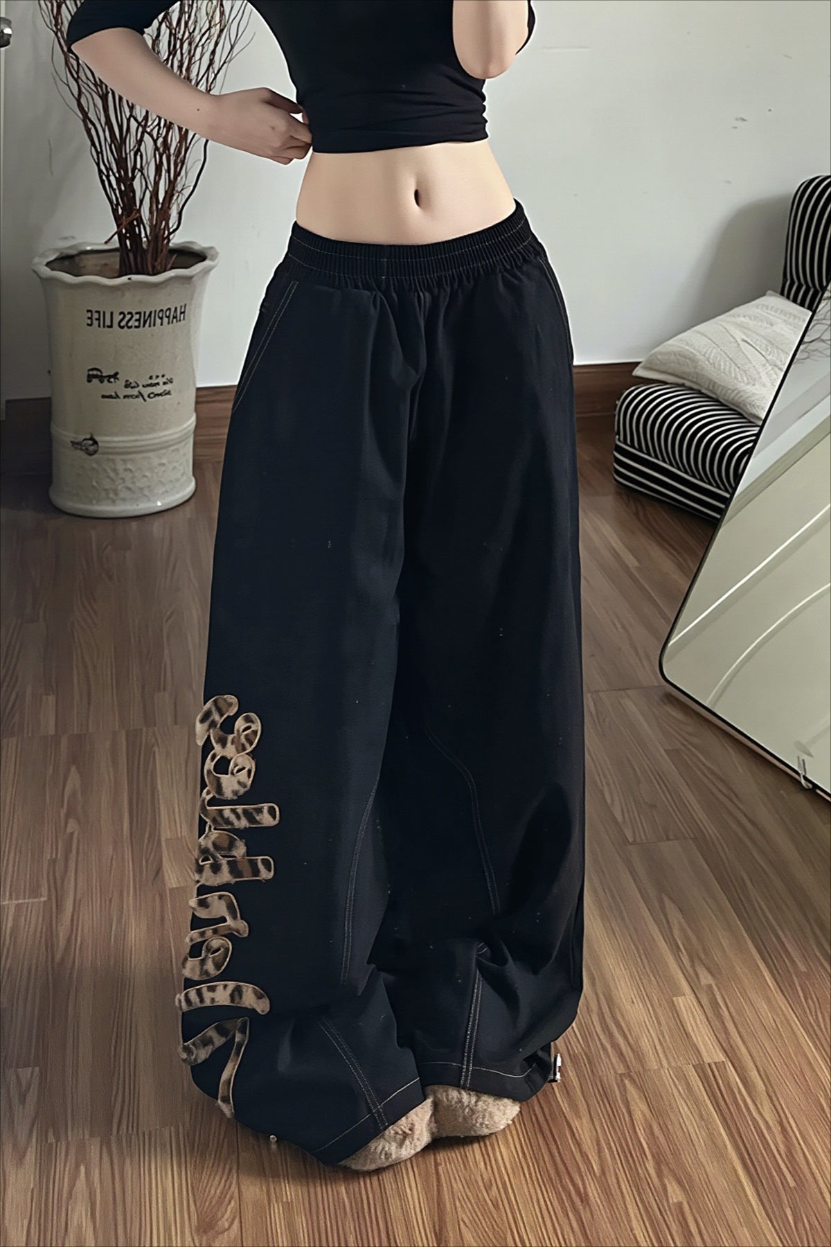 Leopard Panel Wide Leg Denim Pants Main image
