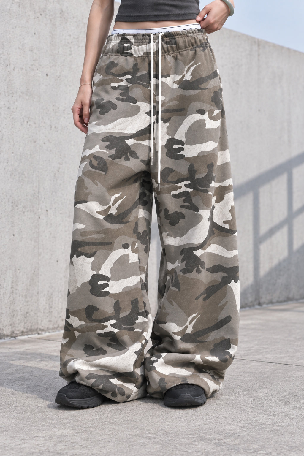 Camo Drawstring Wide Leg Cargo Pants