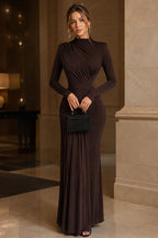 Solid Crew Neck Long Sleeve Ruched Party Dress