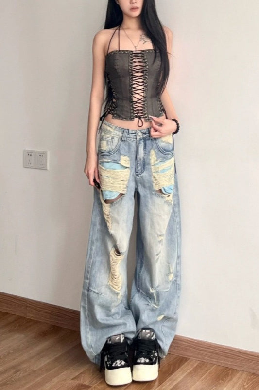 Light Wash Distressed Ripped Straight Low Rise Wide Leg Jeans Secondary image