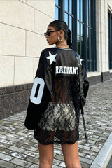 Lace Sheer V Neck Print Sweatshirt