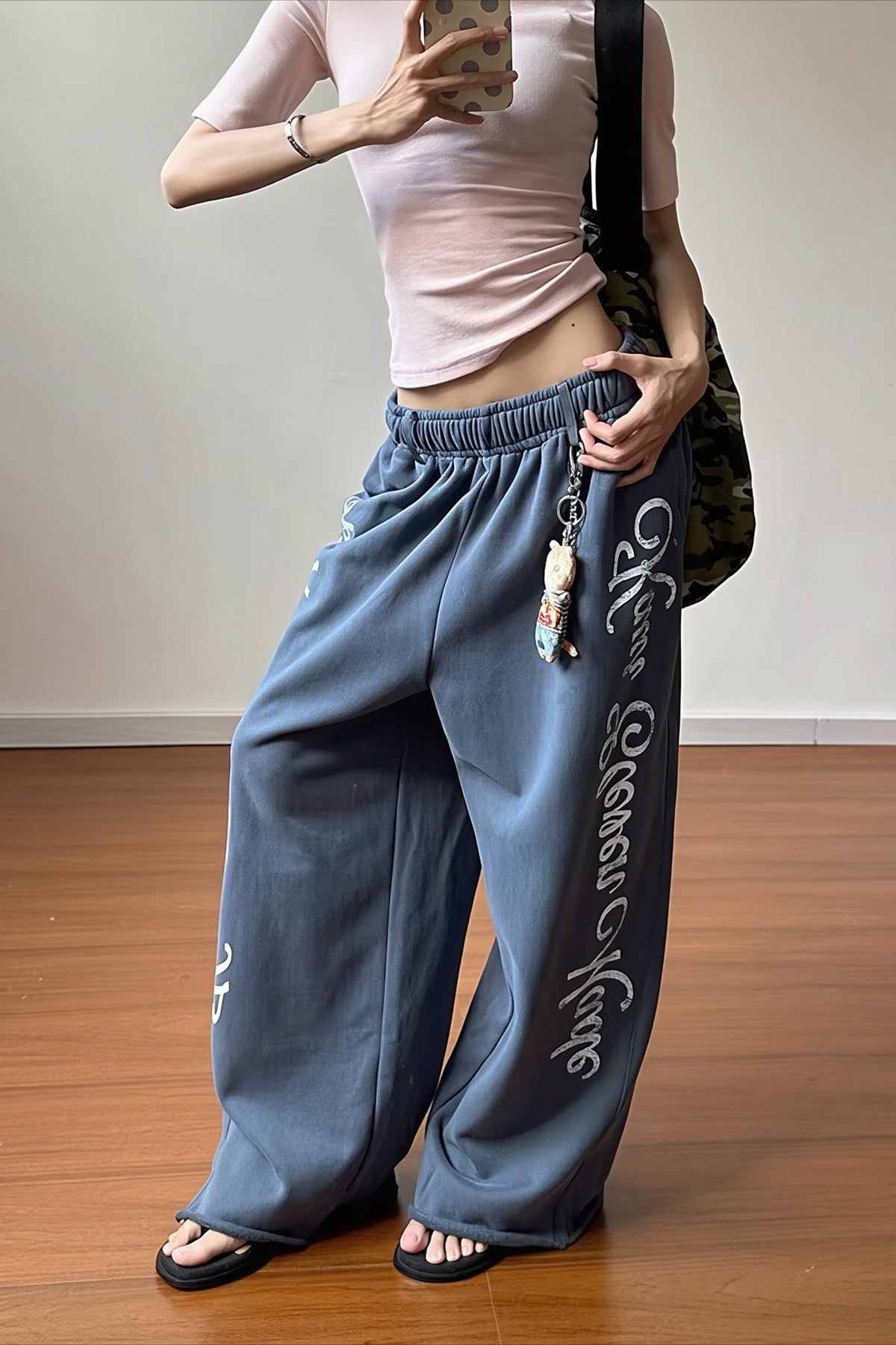 Distressed Graphic Curved Wide Leg Pants Main image
