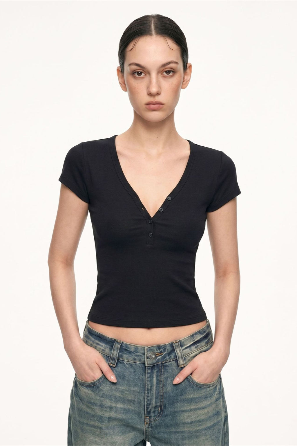 Soft-Touch V-Neck Button Fitted Crop Top