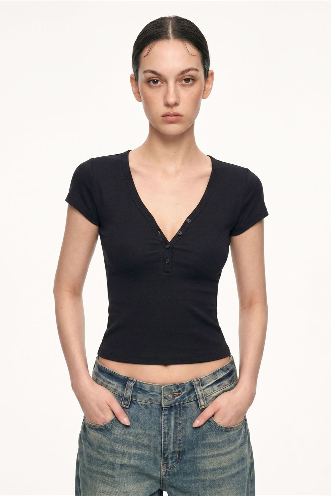 Soft-Touch V-Neck Button Fitted Crop Top