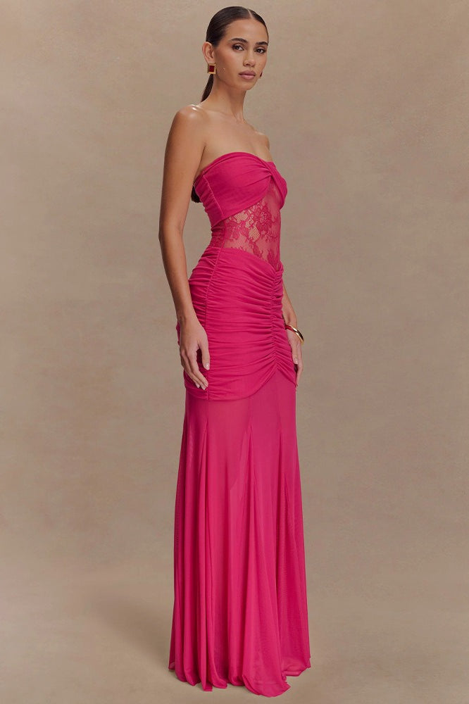 Lace Strapless Ruching Hollow Slim Long Lace Dress
