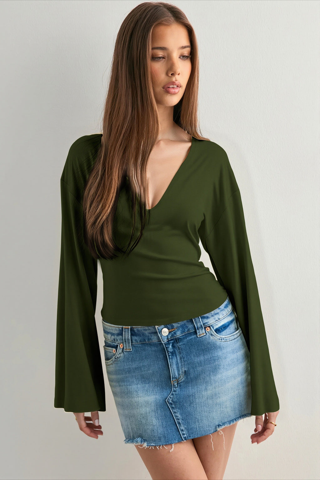 Draped V Neck Flared Sleeve Long Sleeved T-shirts