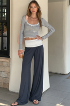 Striped Lace Trim Top and Foldover Pants Set