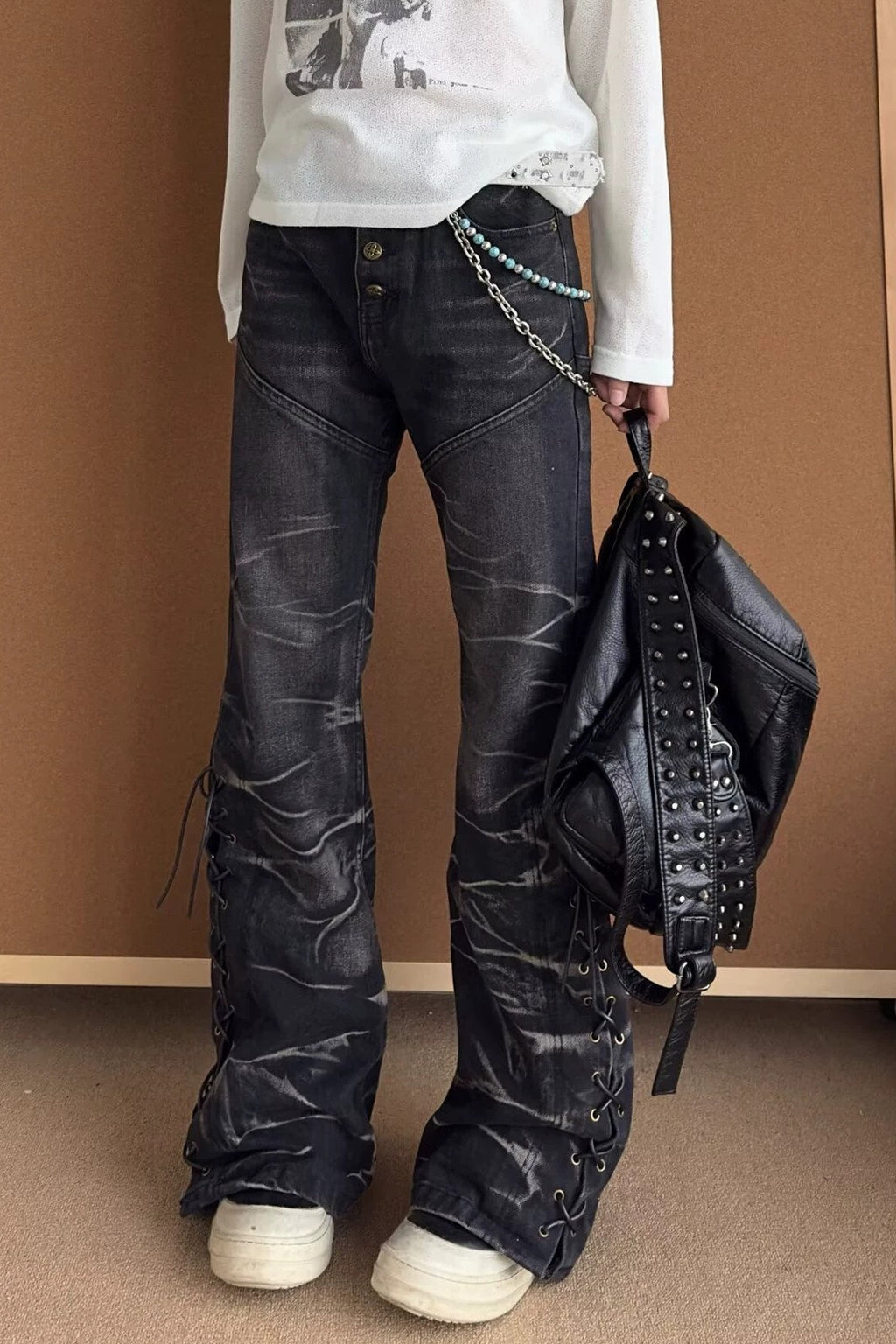 Lightning Graphic Washed Stacked Flare Jeans