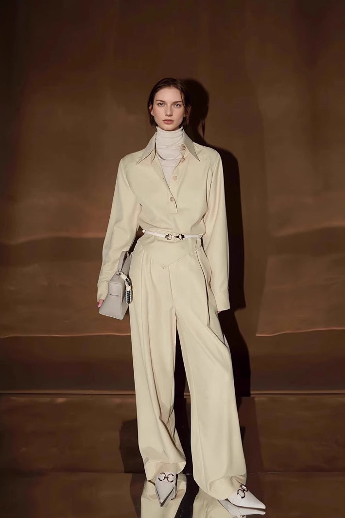 Petite Contrast Elastic Waist Shirt Wide Leg Pants Two Piece Set Main image