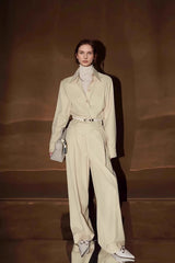 Petite Contrast Elastic Waist Shirt Wide Leg Pants Two Piece Set