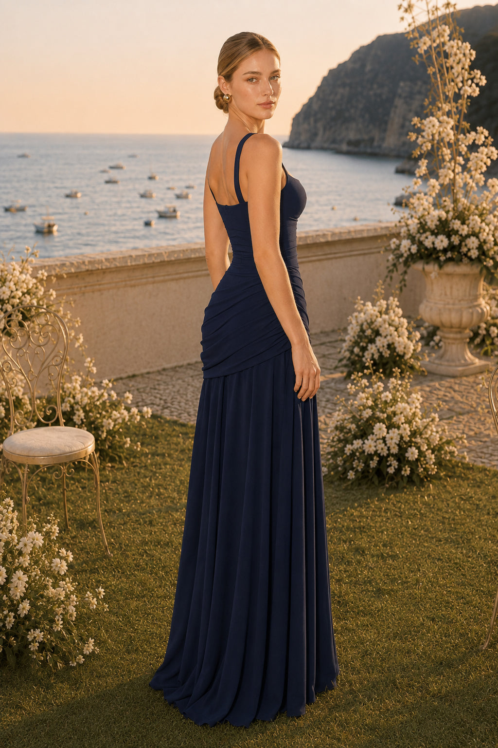 Solid Plunge Ruched Waist Backless Slip Dress