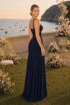 Solid Plunge Ruched Waist Backless Slip Dress