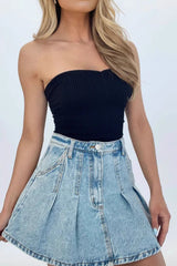 High Waist Denim Pleated A-Line Skirt
