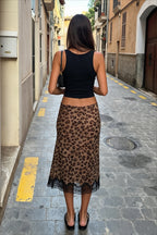 Leopard Print Lace Trim Midi Skirt