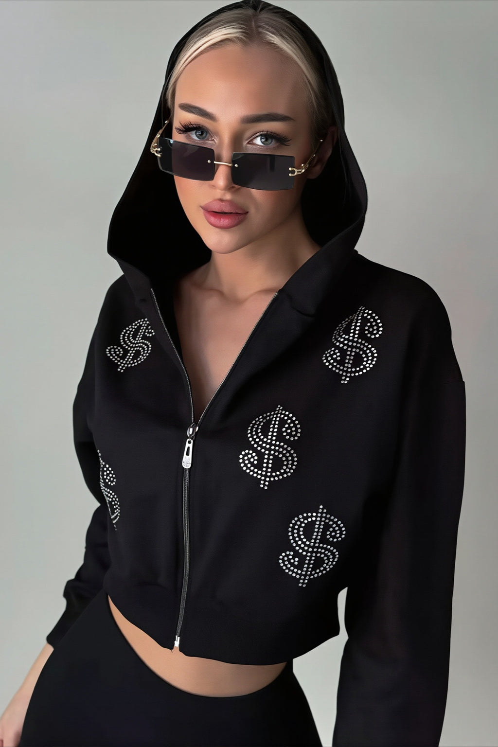 Rhinestone Dollar Graphic Cropped Zip Hoodie