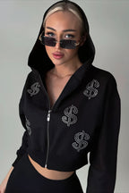 Rhinestone Dollar Graphic Cropped Zip Hoodie
