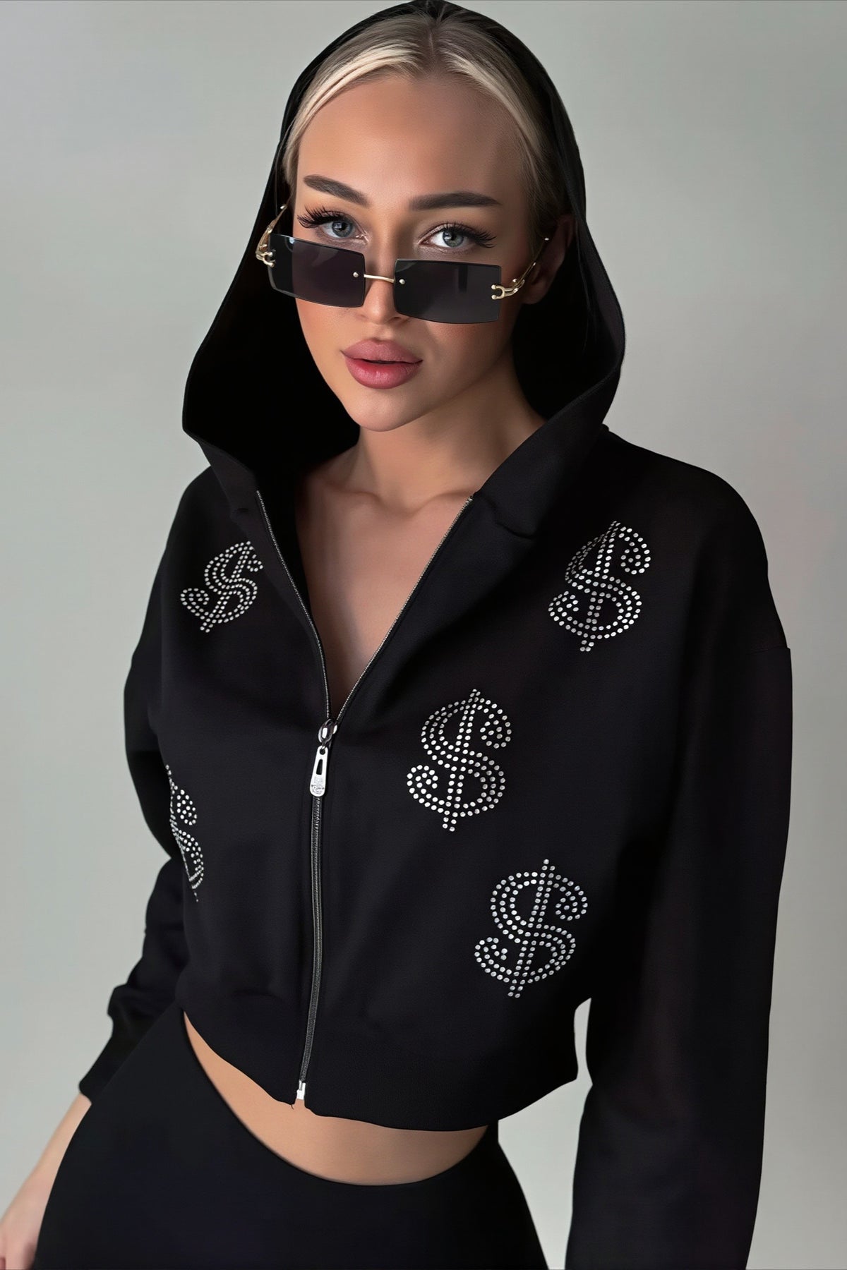 Rhinestone Dollar Graphic Cropped Zip Hoodie