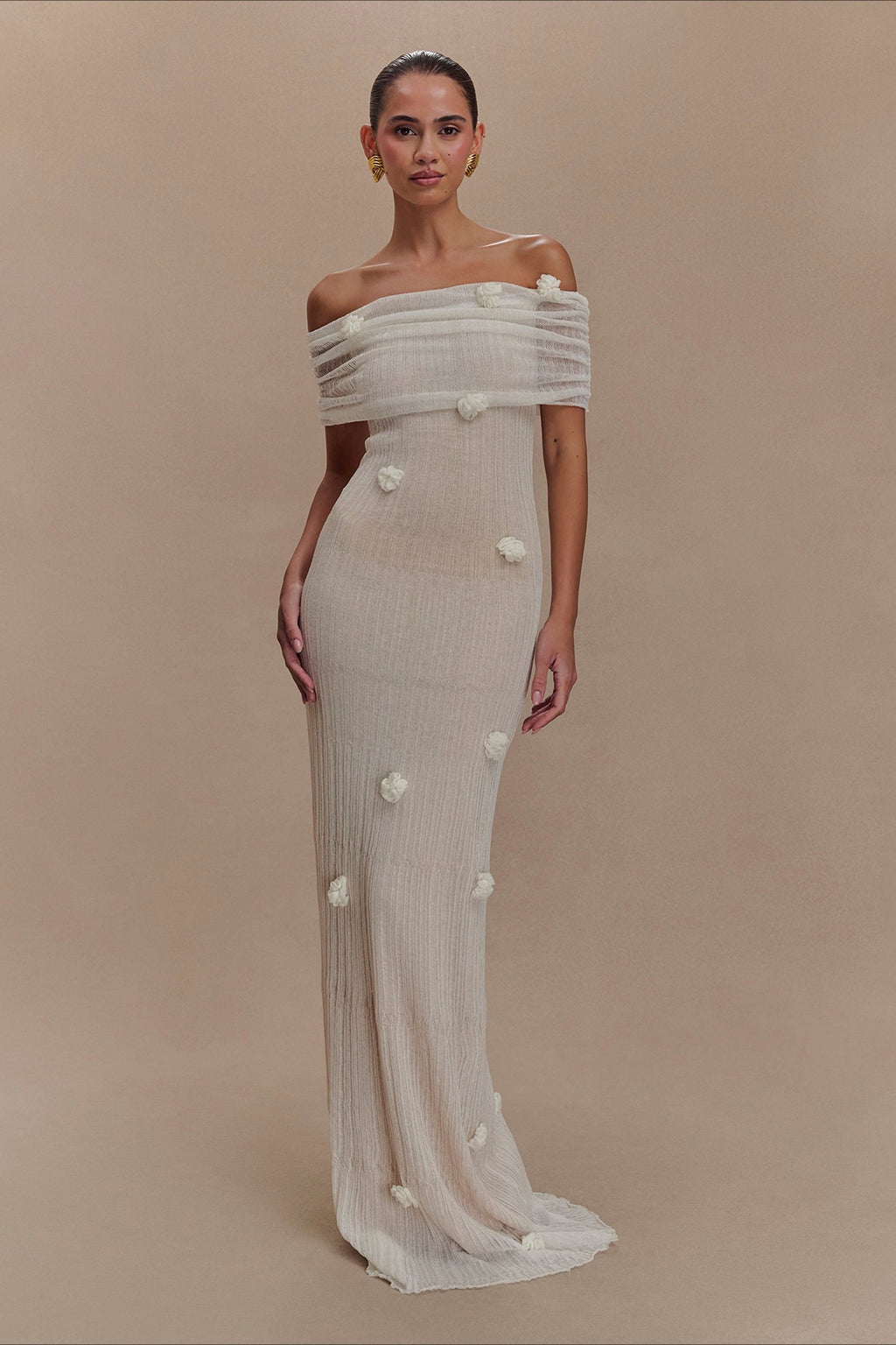 Floral Applique Off Shoulder Knit Maxi Dress