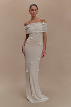 Floral Applique Off Shoulder Knit Maxi Dress