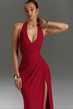 Halter Neck V-Slit Evening Wrap Dress
