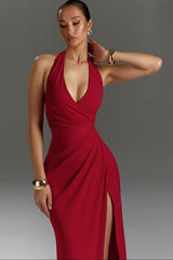 Halter Neck V-Slit Evening Wrap Dress